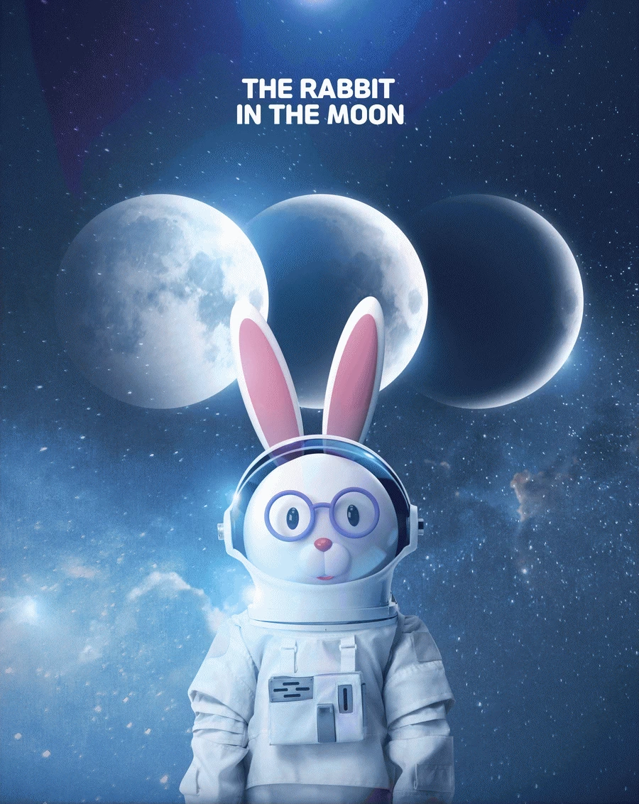 卡通趣味兔年宇航员宇宙星球兔子主视觉KV海报PSD分层设计素材【014】